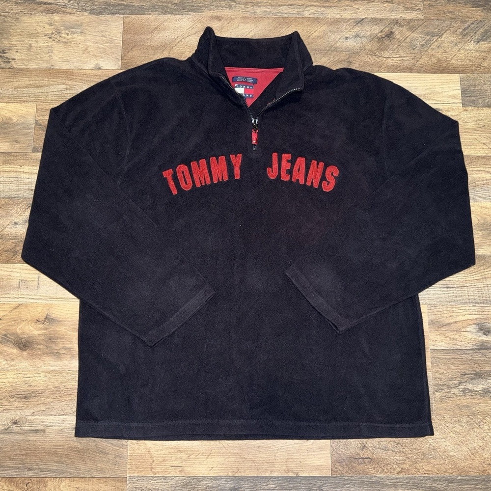 VTG Tommy Hilfiger 1/4 Zip Fleece Jacket Size 2XL 80s Black Tommy Jeans